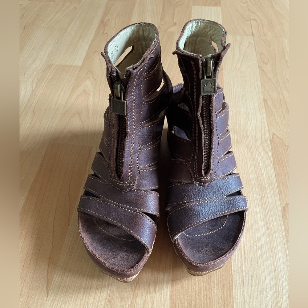 Womens El Naturalista Brown Leather Gladiator Cork Wedge Sandals Size 36